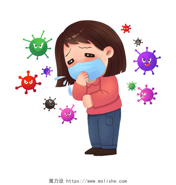 卡通戴口罩女生咳嗽生病插画感冒流感甲流医疗宣传素材